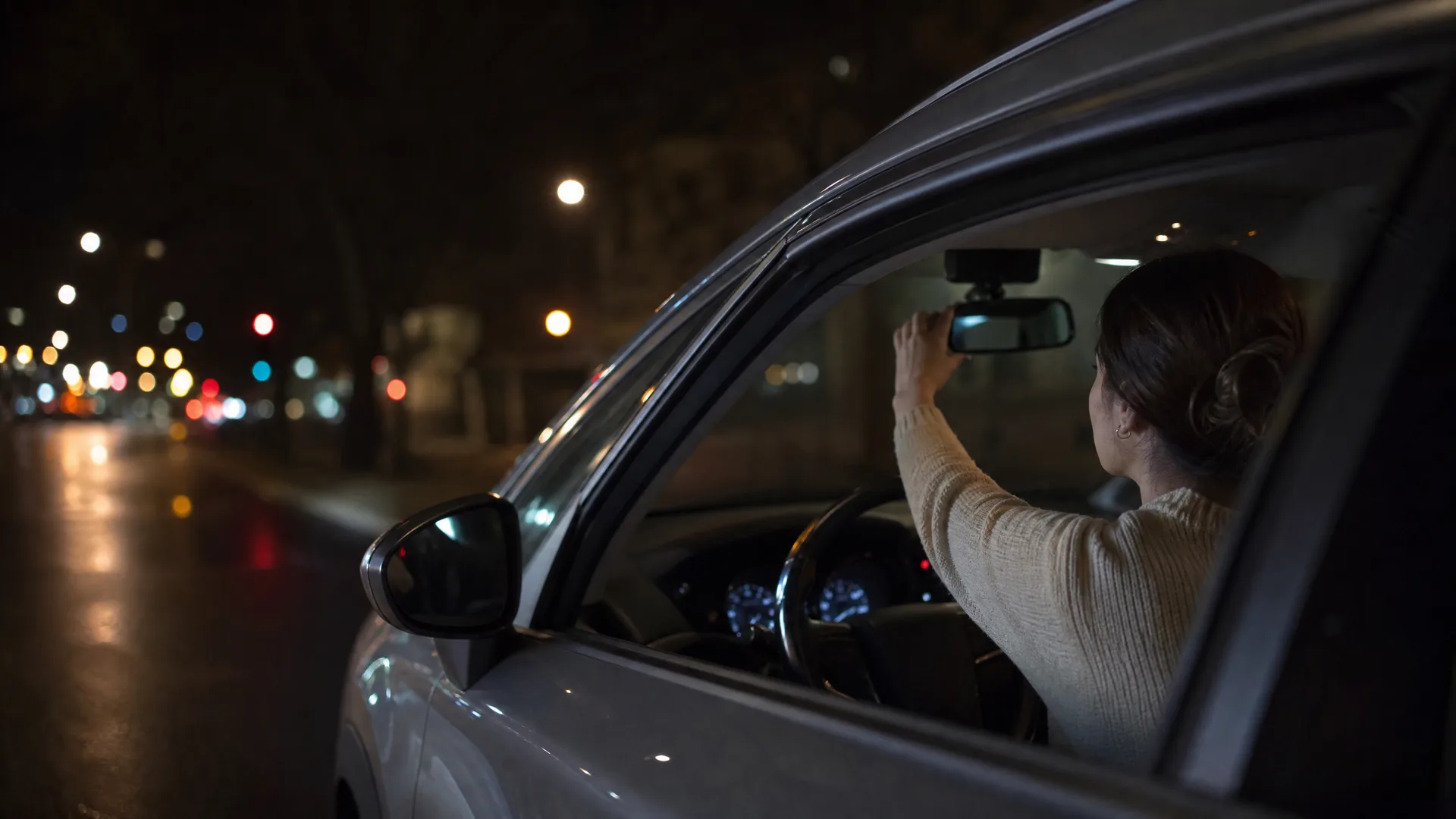 A woman in a light sweater sits in the driver's seat of a car at night, reaching up to adjust the rearview mirror, seen from outside through the open passenger-side window with blurred street lights in the background.