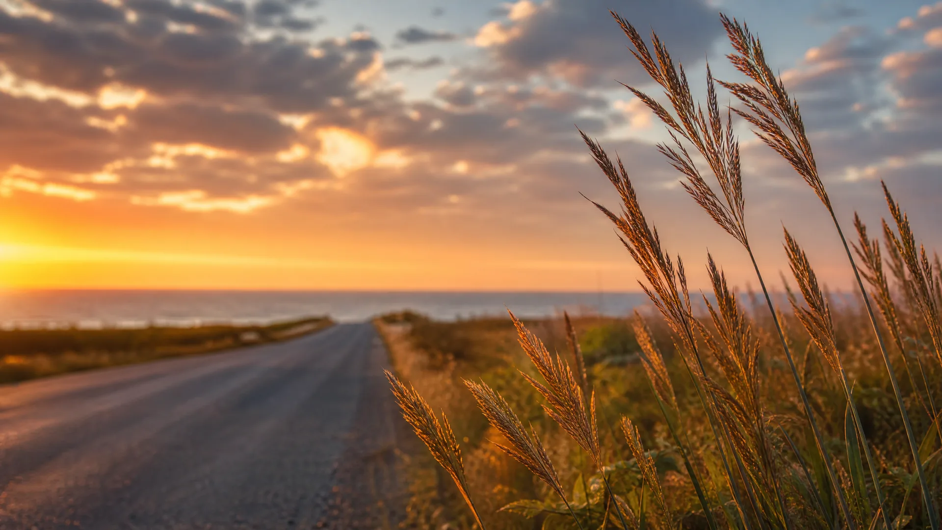 A paved road runs toward the sea at sunset, with tall grass seed heads in sharp focus in the right foreground under a cloud-streaked orange sky.